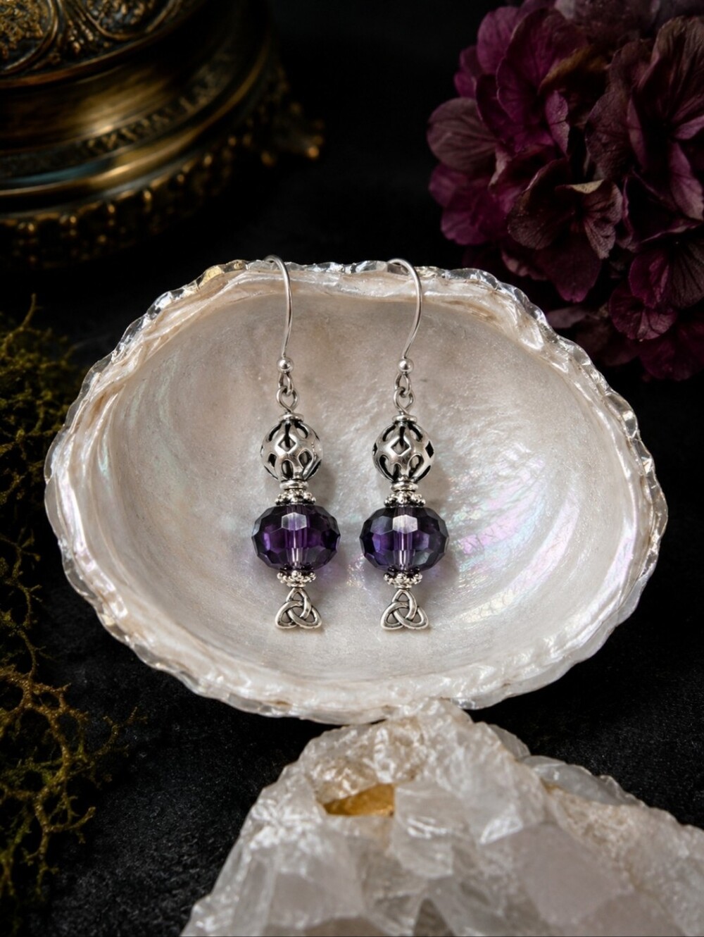 Handmade Amethyst Celtic Knot Silver Tone Dangle Earrings